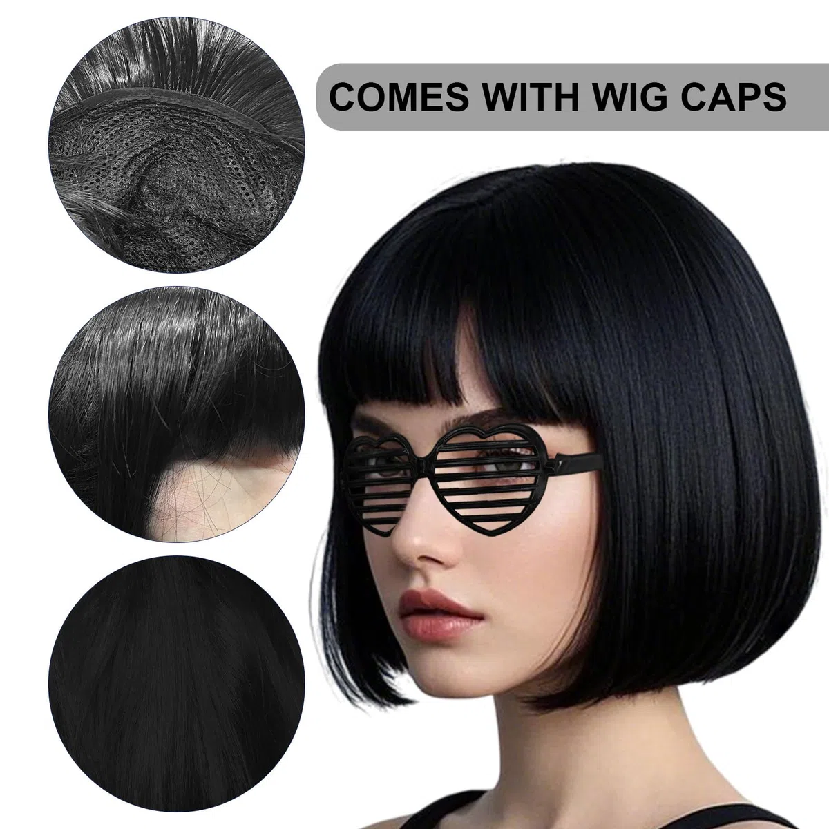 4 Pezzi Nero Parrucca Caschetto Black Bob con Bangs parrucca nera corta Capelli Della Signora Di Modo Festa Parrucche Parrucca sintetica resistente al calore Daily Party(Nero)