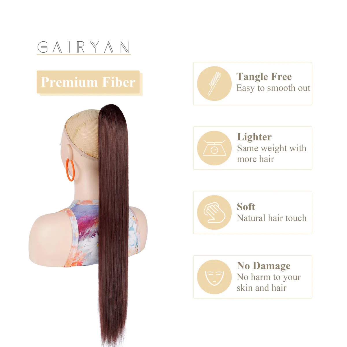 60cm Coda Finta Capelli Extension Lisci con Pinza Posticci per Capelli Sintetici Extension Coda Capelli Lunghi Clip Coda di Cavallo Claw Ponytail Naturale per Donna, Marrone scuro & Auburn