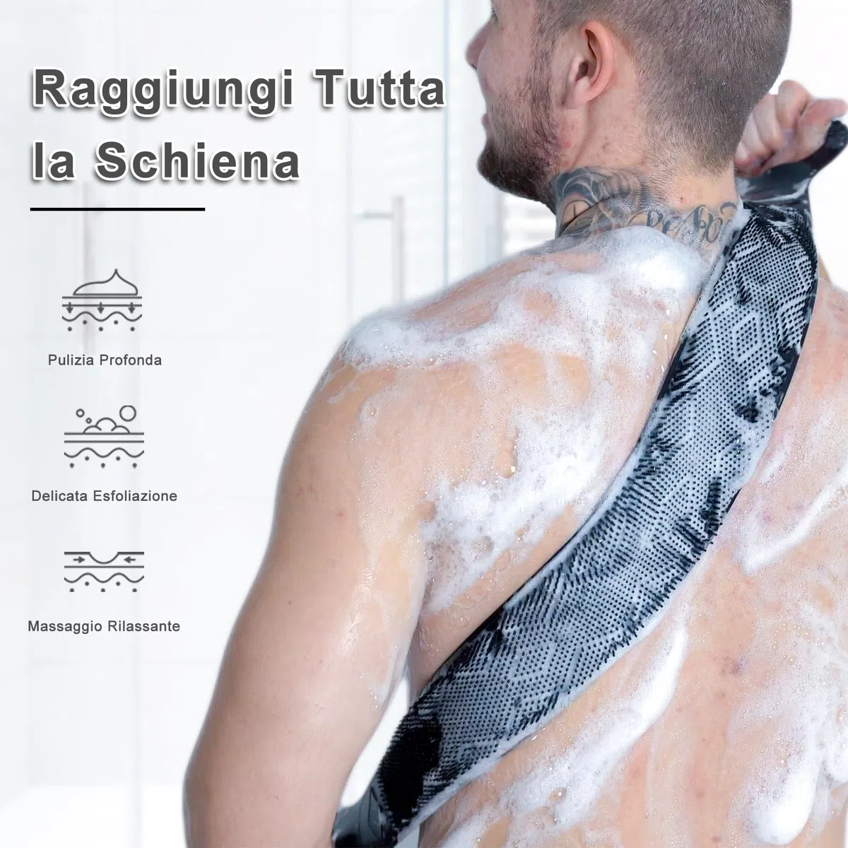 FREATECH Spazzola Schiena in Silicone a 2 Lati per Pulizia Profonda e Massaggio, 90 cm Spazzola Corpo Doccia e Bagno, Copre Facilmente Tutta la Schiena, Lgienico e Lunga Durata, Nero